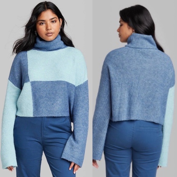 Wild Fable Cropped Turtleneck Pullover Sweater Medium Blue Color Block - Picture 3 of 8